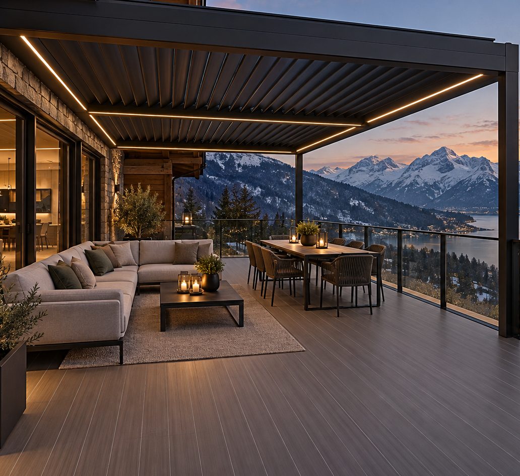 Beleuchtetes Lamellendach über einer Terrasse am Abend