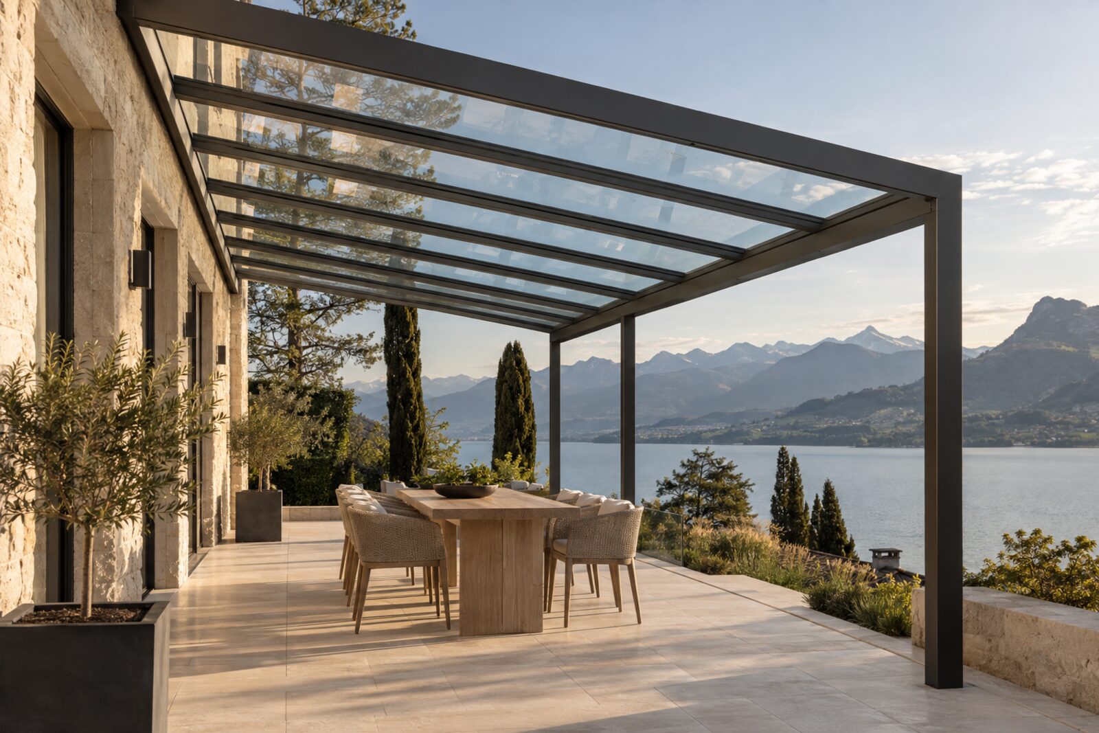 Glasdach über einer Terrasse mit Blick auf den See