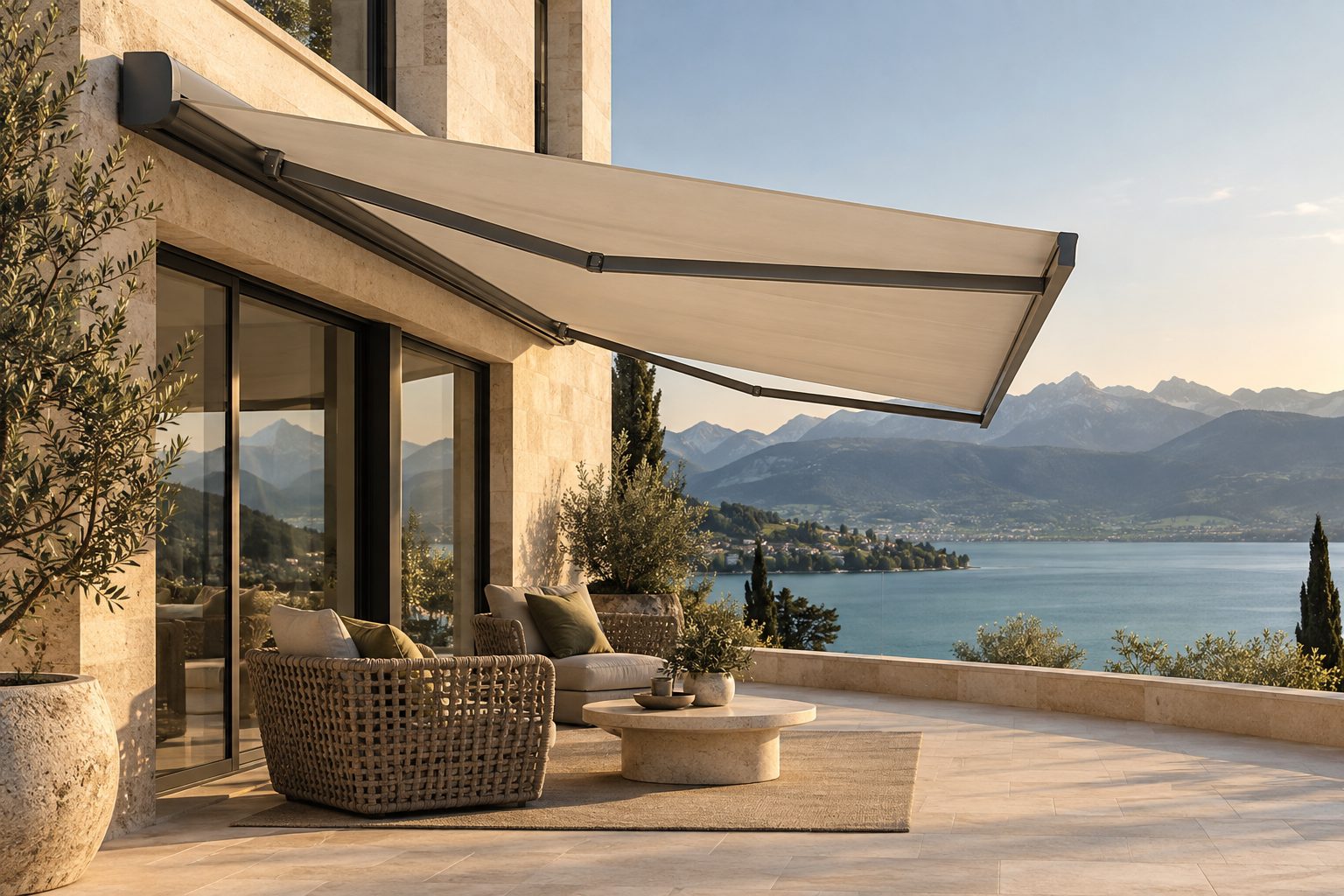 Gelenkarmmarkise über einer Terrasse mit Seesicht
