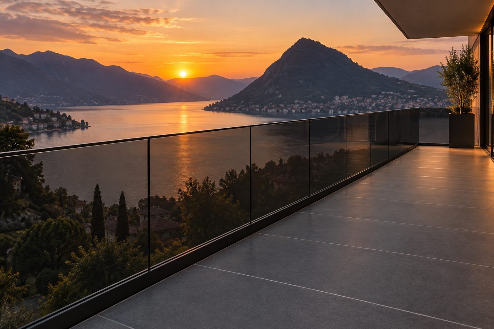Fertig montierte Terrasse mit Geländer am Abend