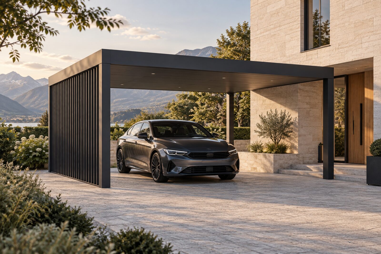 Carport aus Metall vor einem modernen Wohnhaus