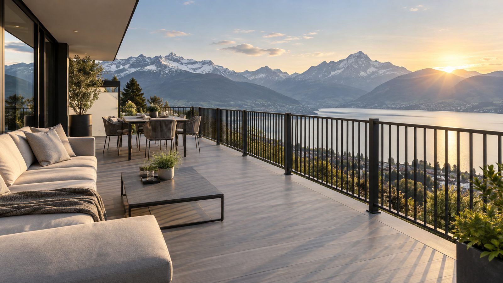 Terrasse mit montiertem Stabgeländer in der Abendsonne
