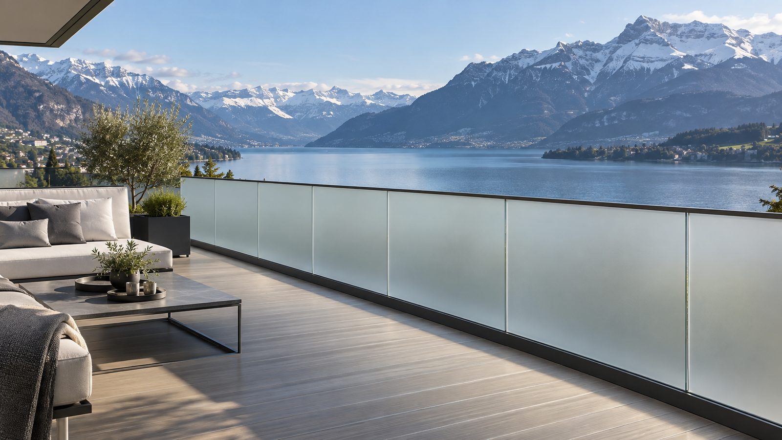 Terrassenboden mit durchgehendem Fugenraster und Brüstung