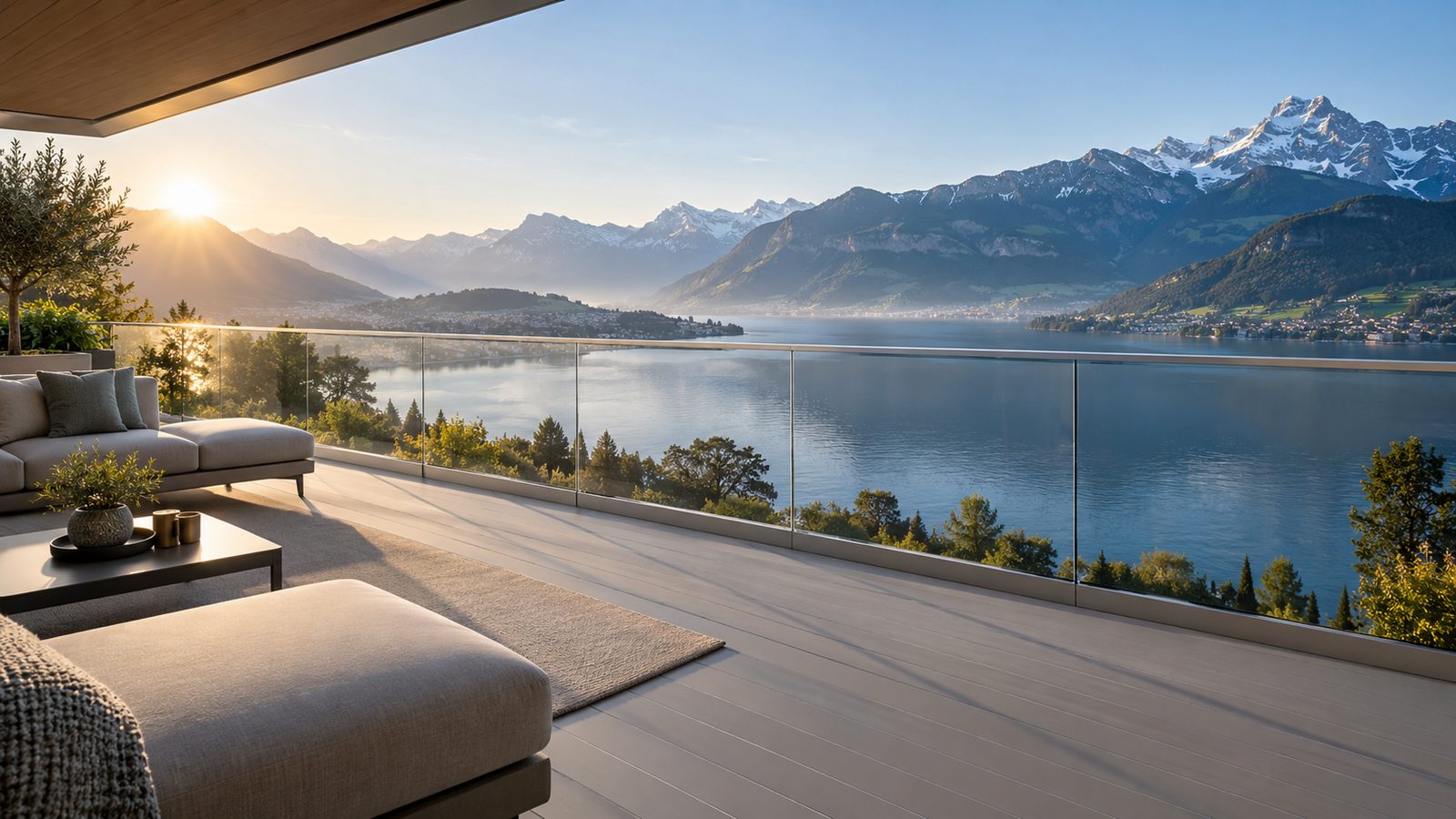 Grosse Terrassenfläche mit hellem Belag und sichtbaren Linien