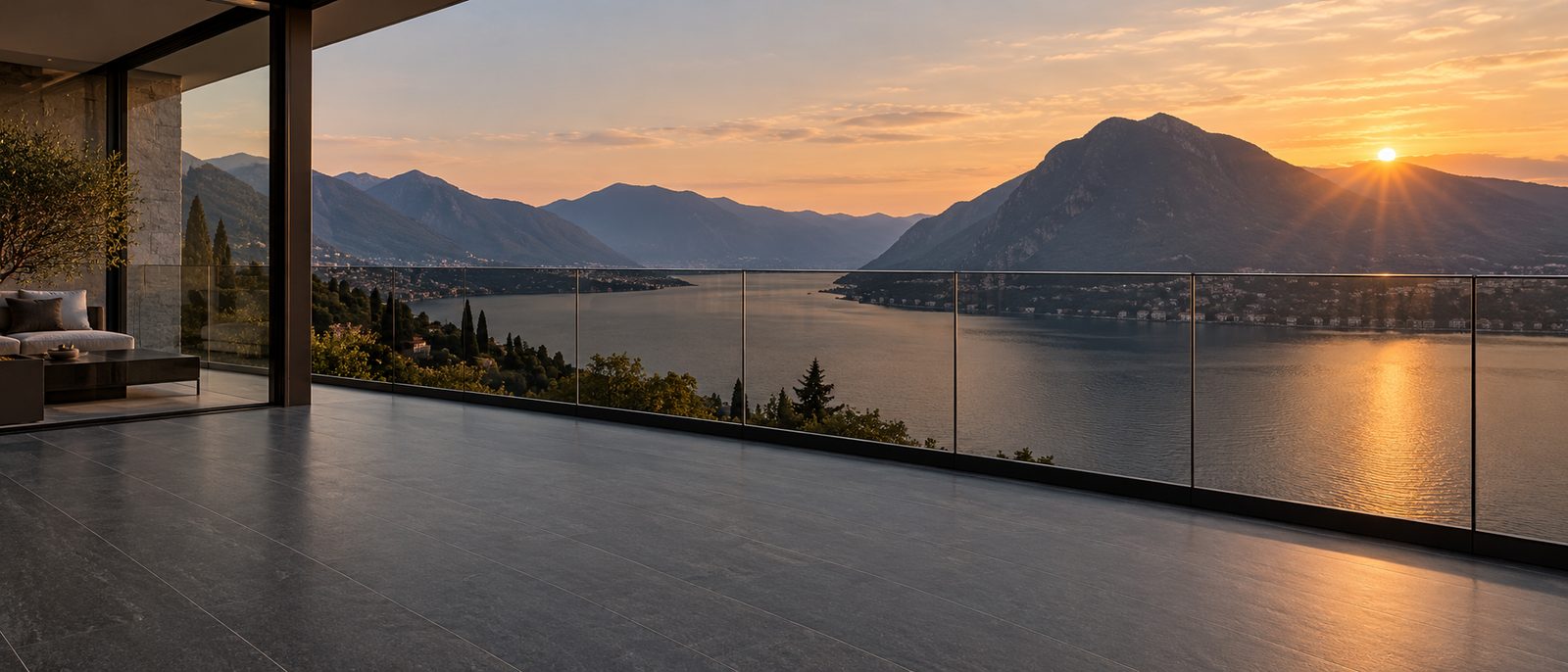 Panoramaterrasse mit Ganzglasgeländer im Abendlicht