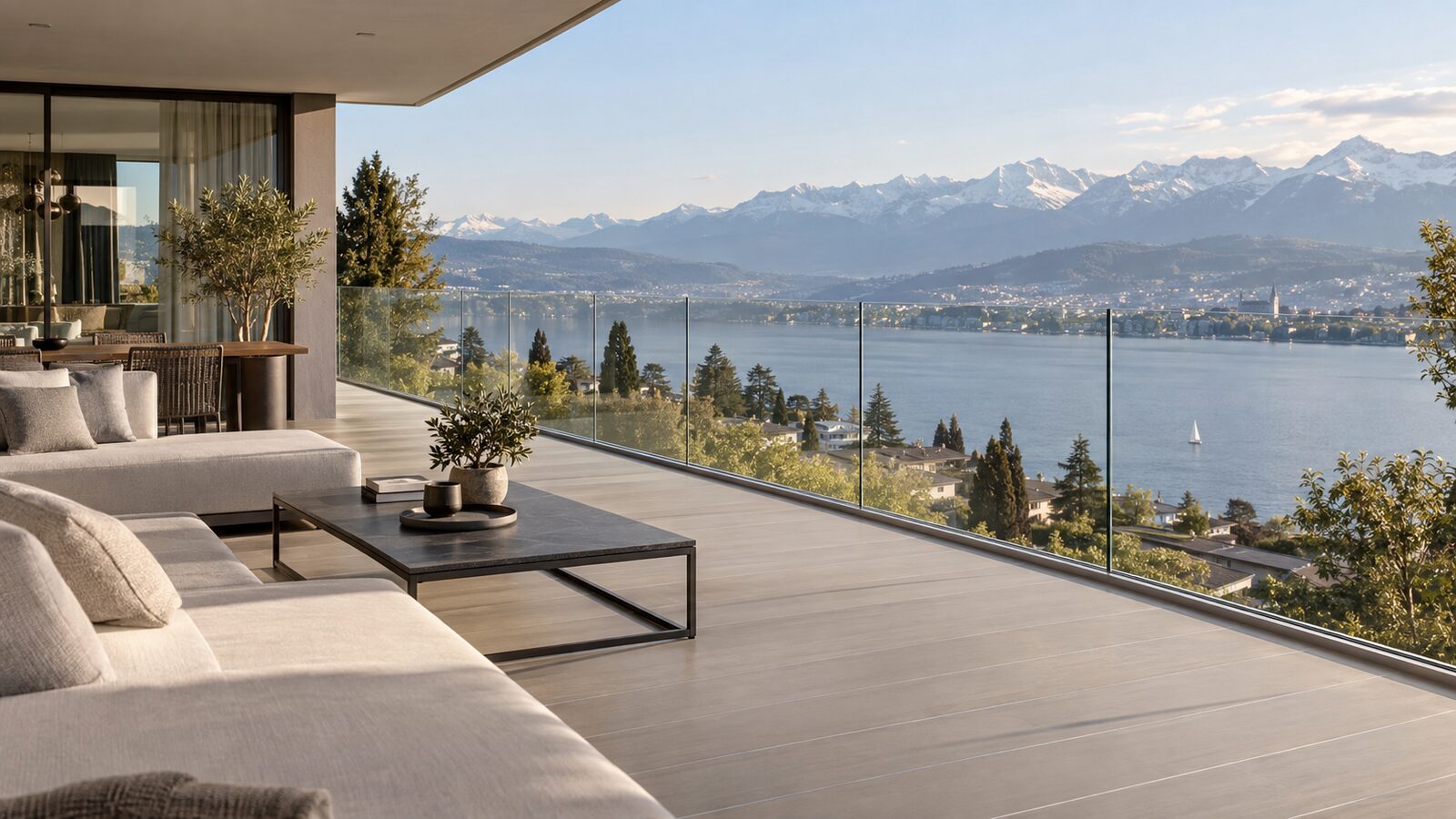 Beschattete Terrasse mit Loungemöbeln