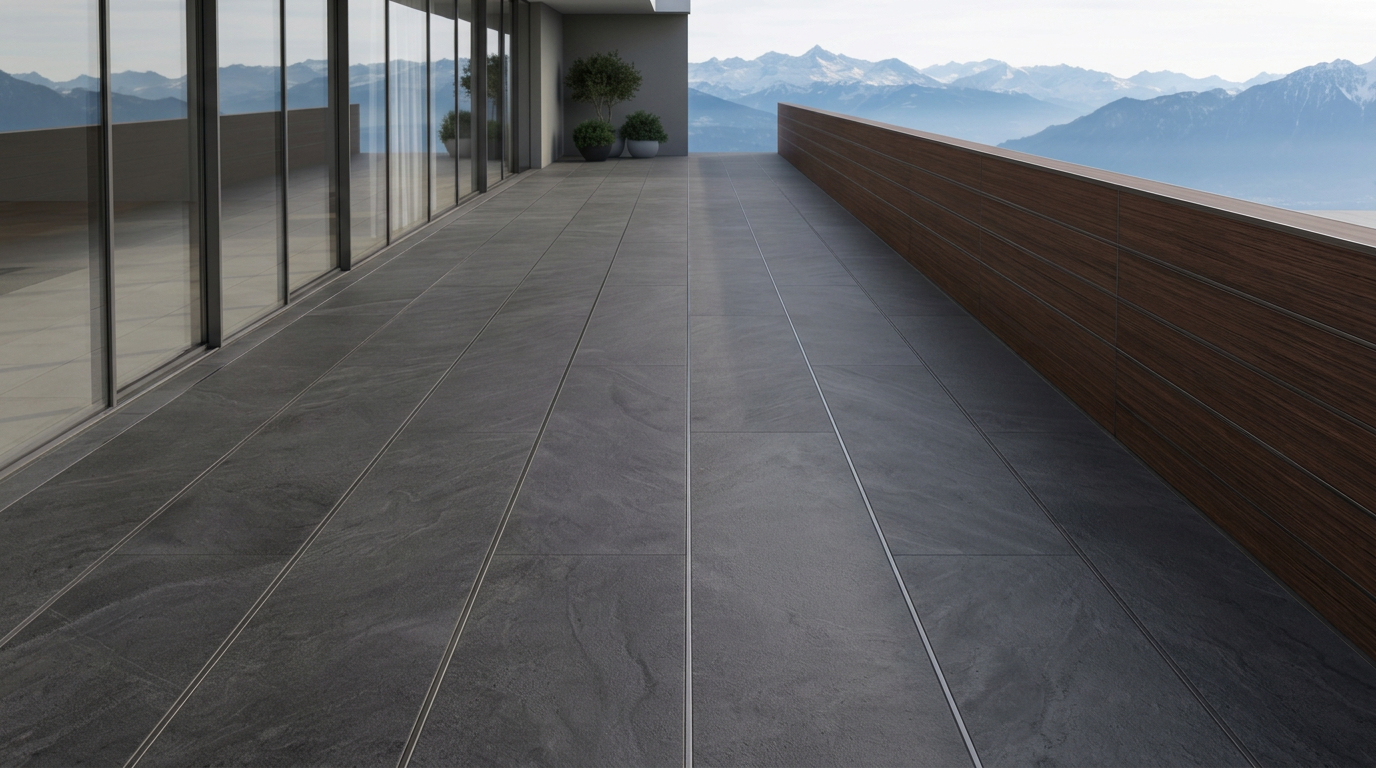 Stone – klare Flächen LOTTERS Terrasse mit grauen Steinplatten und Aluminiumfugen vor einer Glasfront
