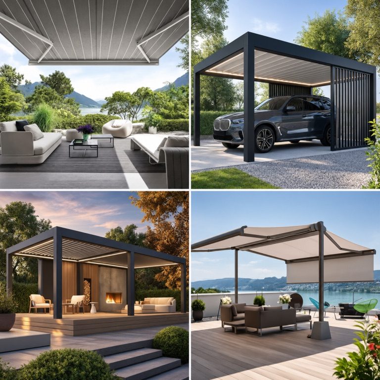 Outdoor Living von MeZaBau Bildcollage mit Lamellendach, Carport, verglaster Terrasse und Sonnenschutz