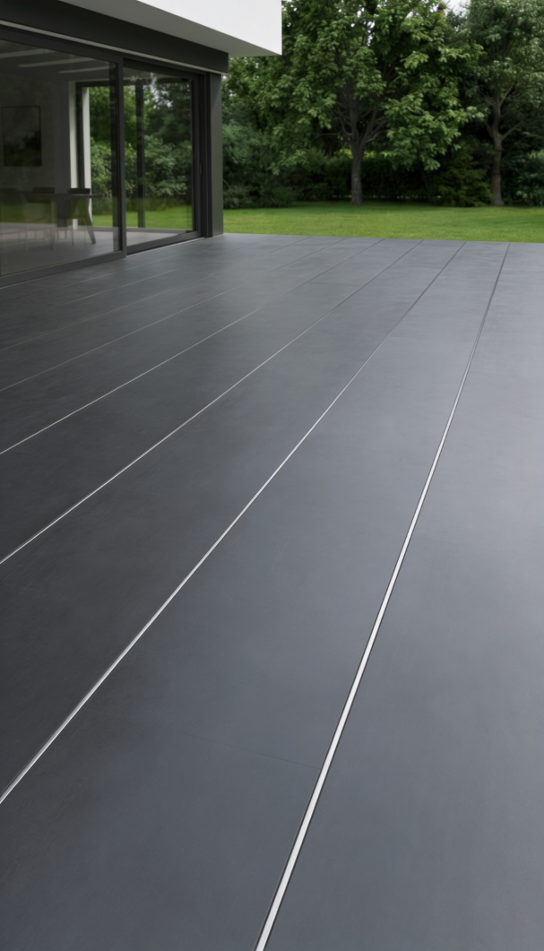 Präzise dunkle Linien Dunkler Terrassenbelag mit klaren Fugen vor grossen Glasflächen und grüner Gartenkulisse