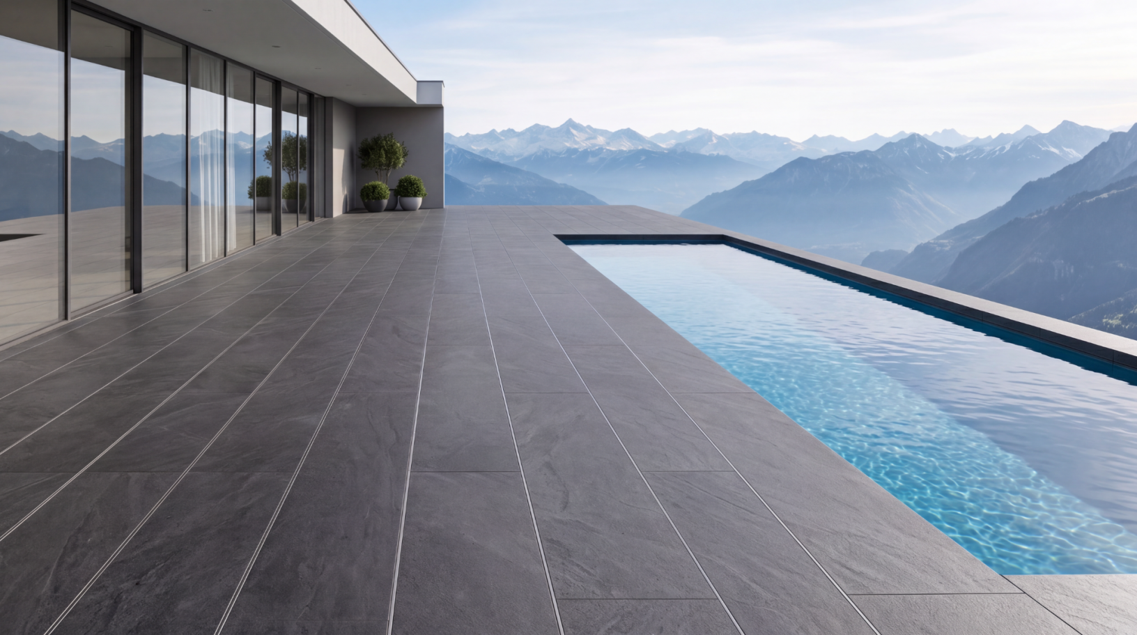 Räume mit Weitblick Grosszügige Terrasse mit Steinplatten an einem langgezogenen Pool vor Schweizer Bergpanorama