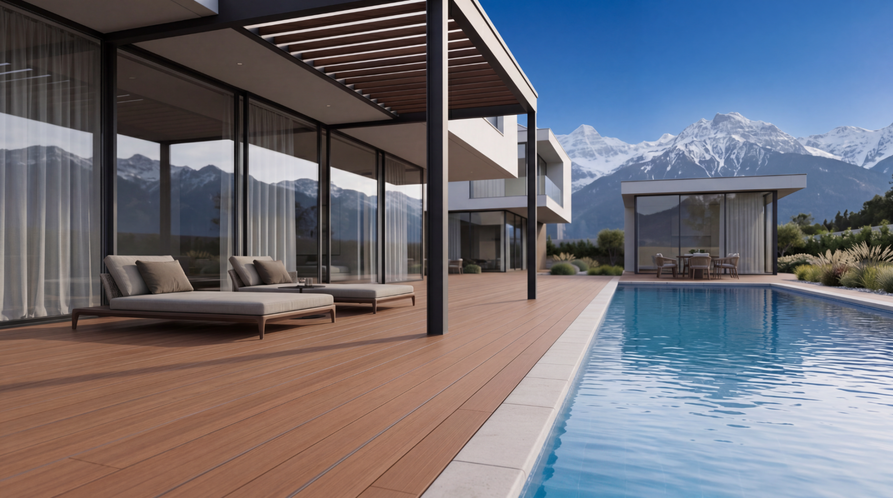 WPC unter der Pergola Warmer WPC-Terrassenboden unter einer dunklen Pergola neben einem Pool mit Bergblick