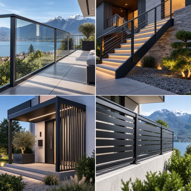 Metallbau und Gebäude Bildcollage mit Glasgeländer, Metalltreppe, Hauseingang und Metallzaun