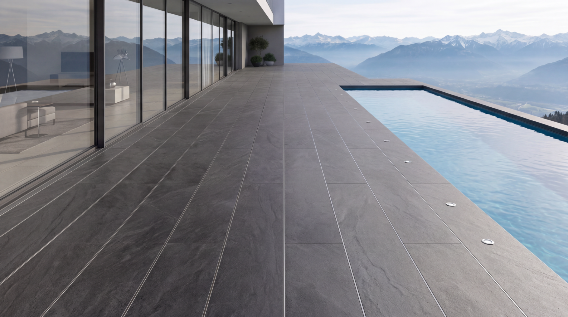 Klare Linien am Wasser Grosszügige Terrasse mit grauem LOTTERS Bodenbelag entlang eines Pools und Bergpanorama