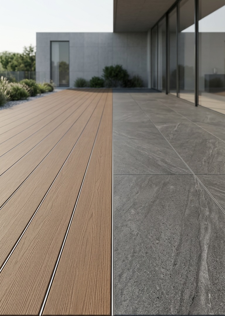 Stein und WPC kombiniert LOTTERS Terrasse mit warmen WPC-Dielen neben grauen Steinplatten vor einer modernen Glasfront
