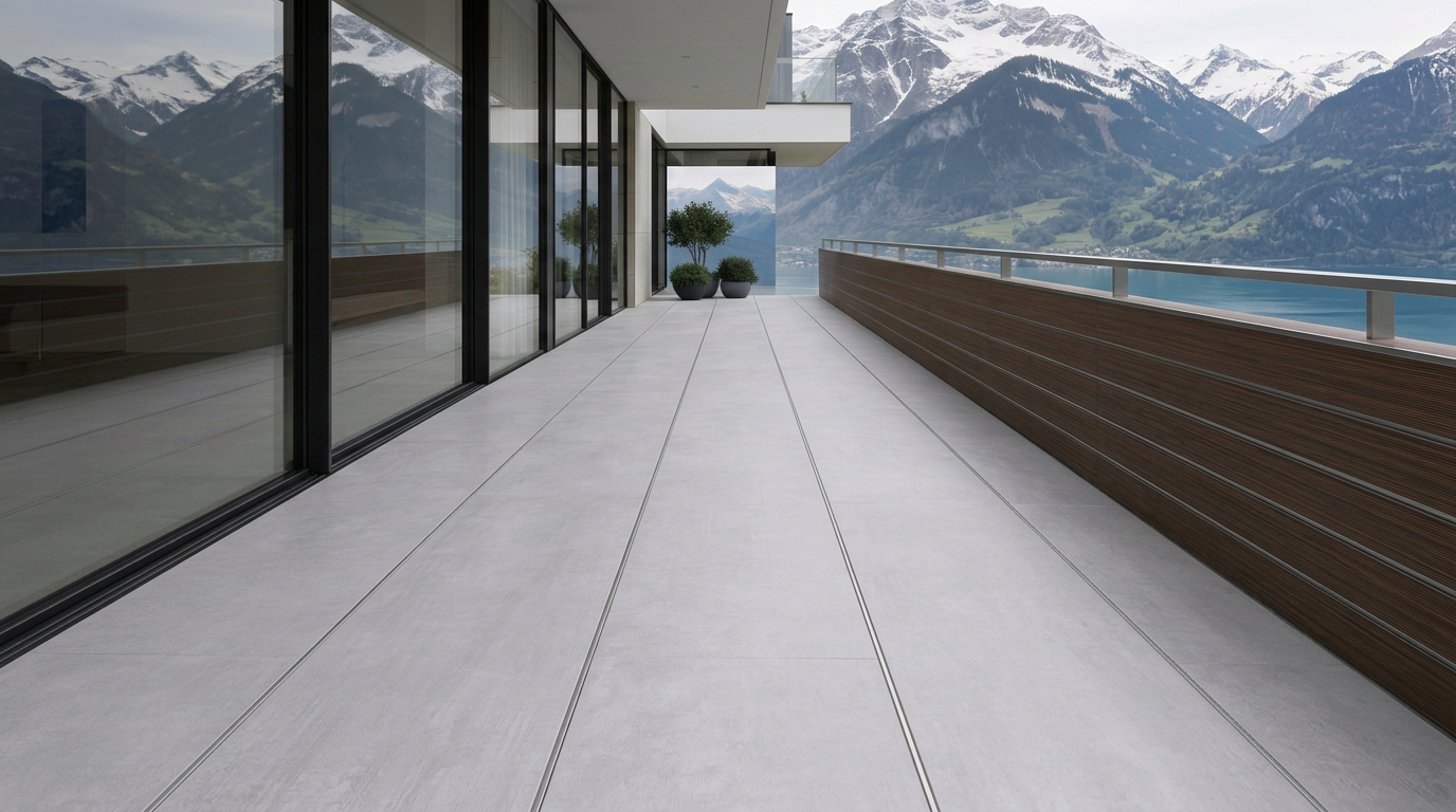 WPC in hellen Tönen Heller WPC-Terrassenbelag mit langen Dielen, sichtbaren Profilen und seitlichem Sichtschutz vor Schweizer Bergen