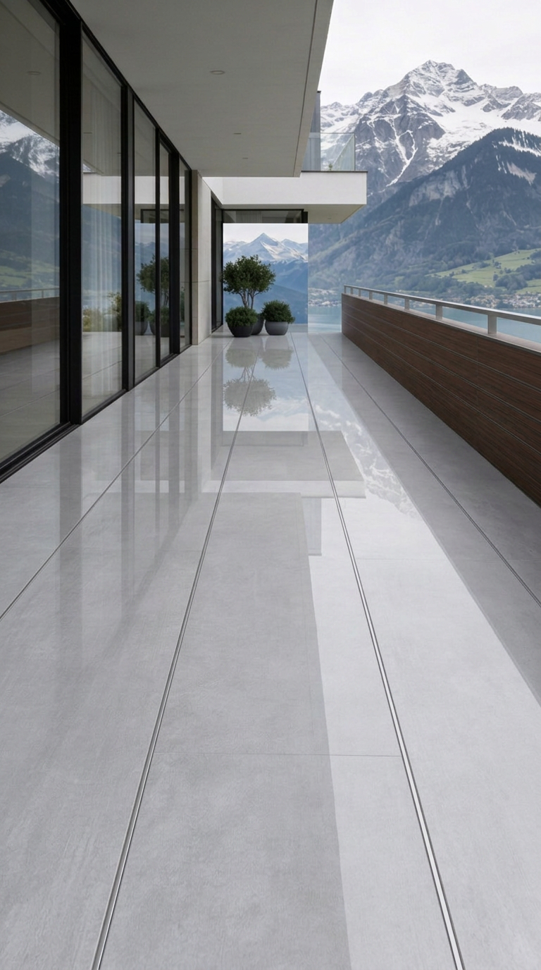 Helle Flächen mit Weitblick Helle LOTTERS Terrassenplatten vor einer Glasfassade mit seitlichem Sichtschutz und Bergblick