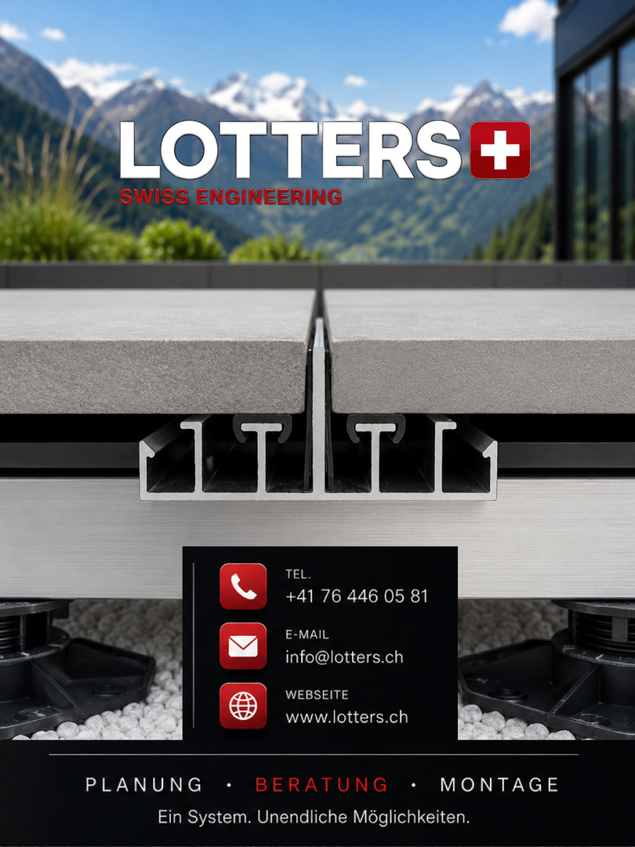 LOTTERS PROF Stone – Aufbau im Schnitt LOTTERS PROF Stone – seitlicher Schnitt mit Steinplatten und Aluminiumprofil vor Bergkulisse