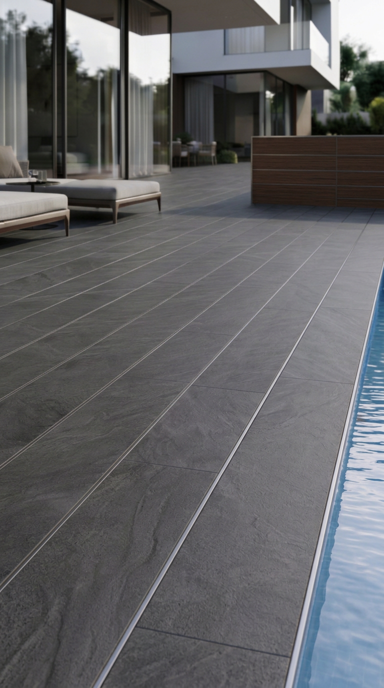 Geradlinig am Haus Dunkelgrauer LOTTERS Terrassenbelag mit Aluminiumfugen neben einem Pool und einer modernen Hausfassade