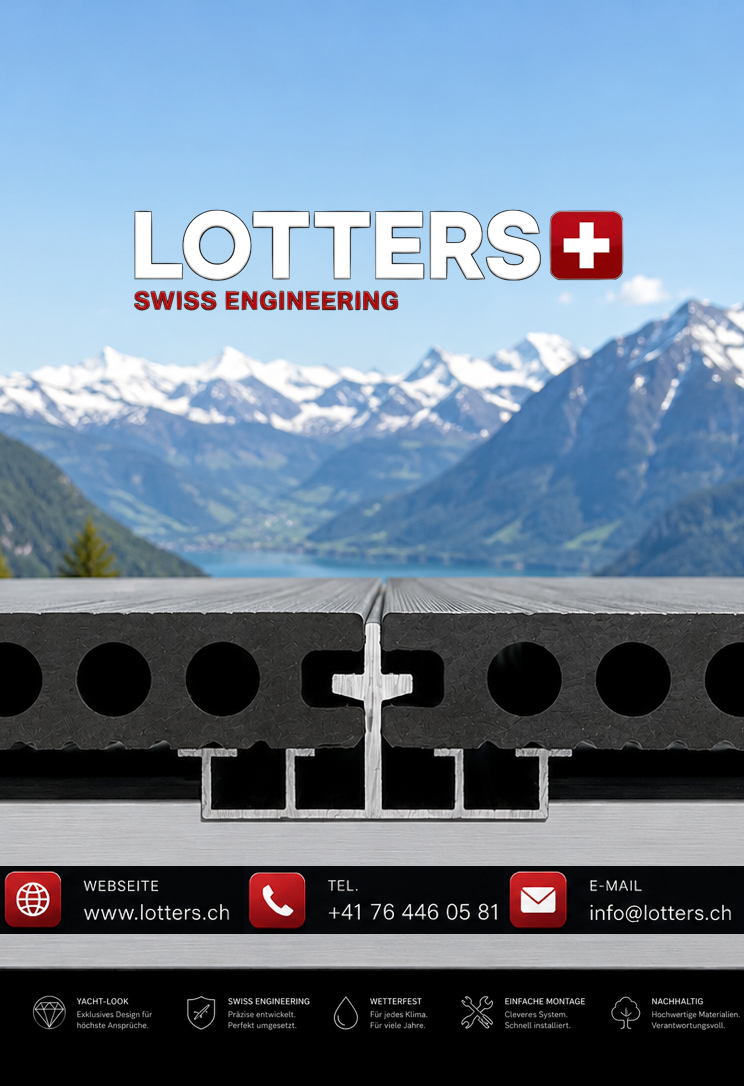 LOTTERS PROF WPC – Aufbau im Schnitt LOTTERS PROF WPC – seitlicher Aufbau mit WPC-Diele und Aluminiumprofil vor Bergkulisse
