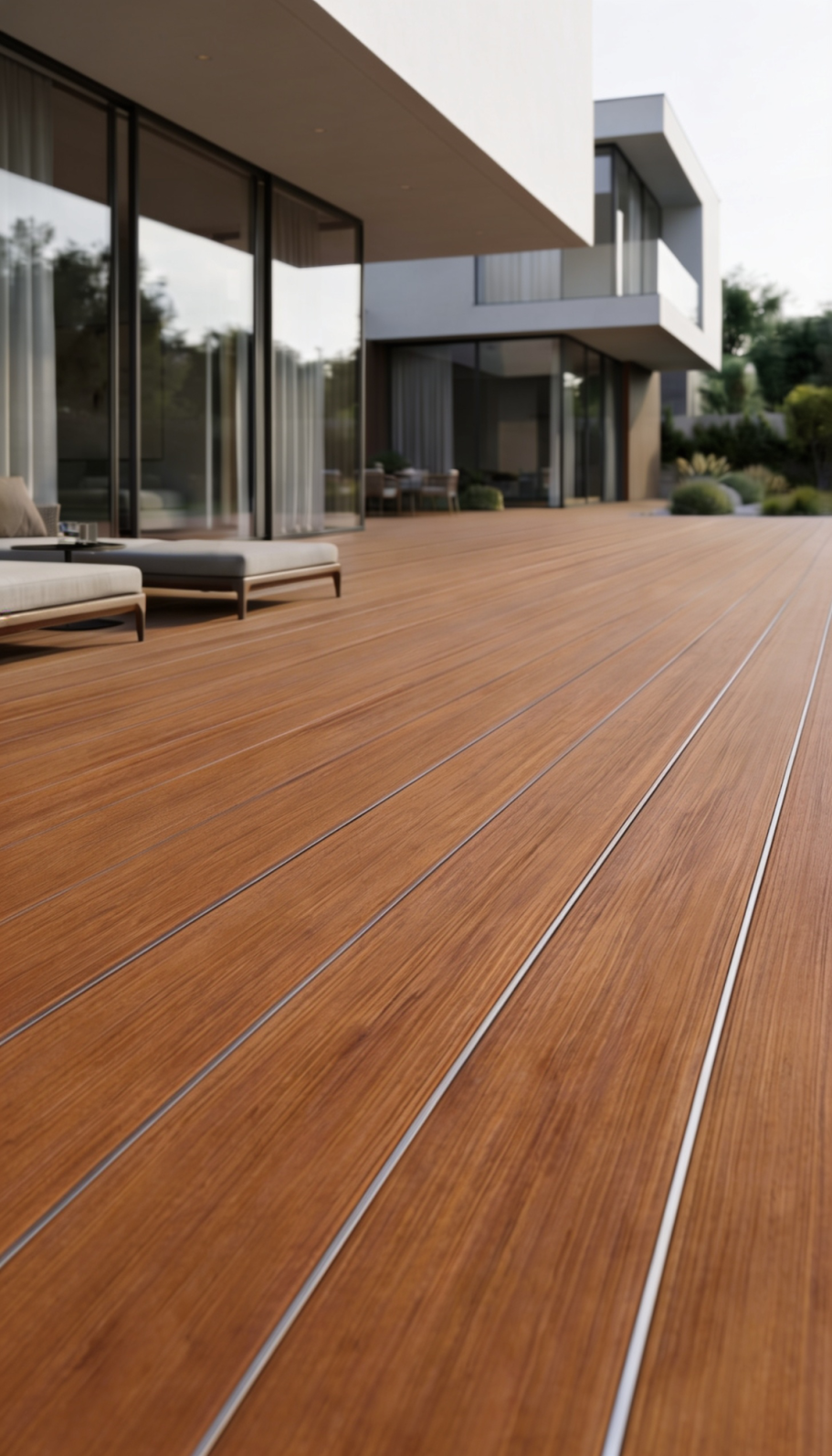 Warme Materialität Terrasse mit warmem Dielenbelag vor einer modernen Villa mit grossen Fenstern